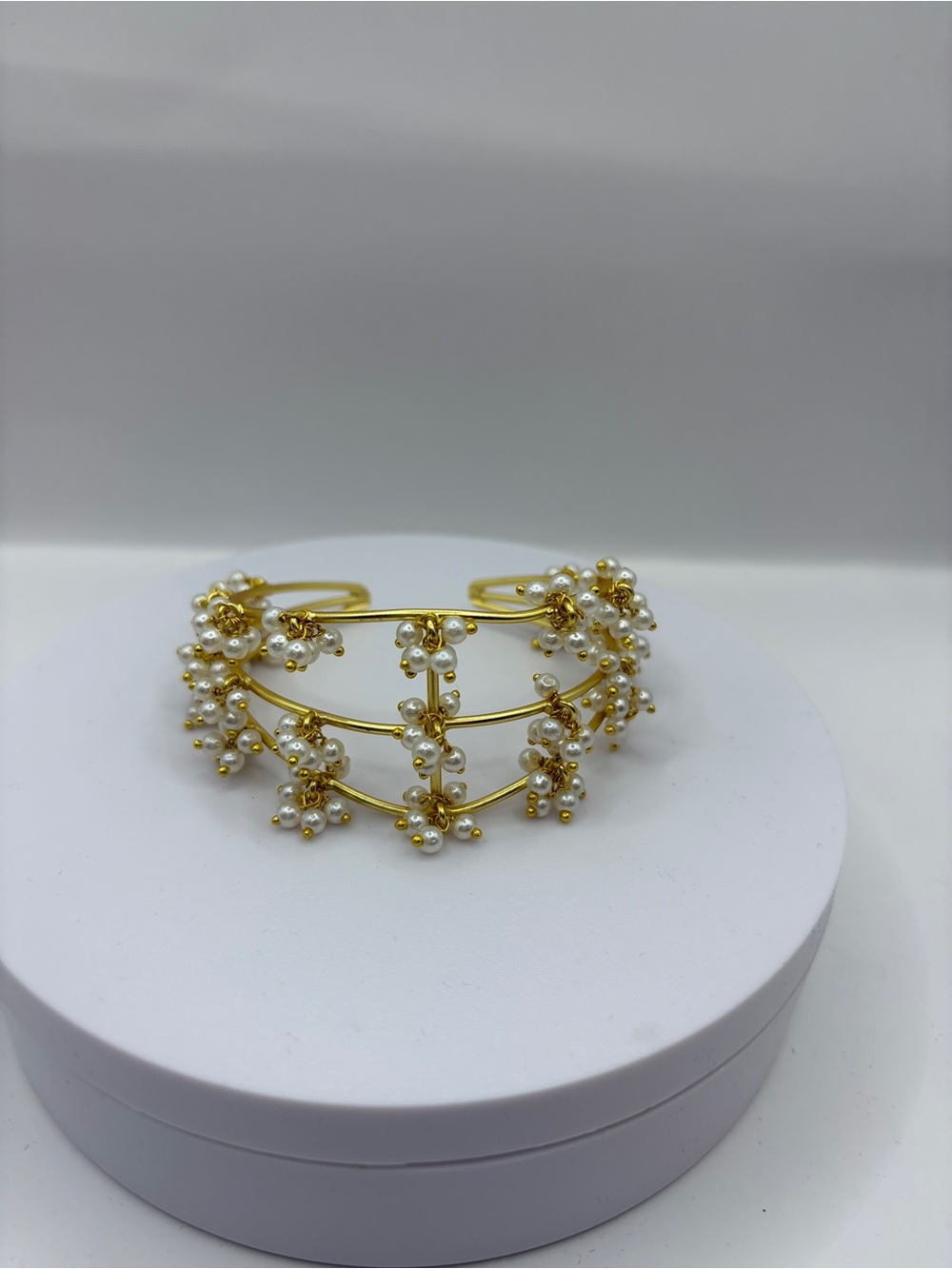 Statement Gold Polish Pearl Floral Cuff Bracelet - Adjustable